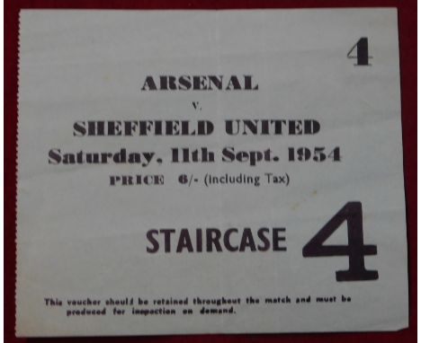 Ticket&nbsp;Arsenal v Sheffield United&nbsp;11th September 1954. Light creasing. Generally good&nbsp;
