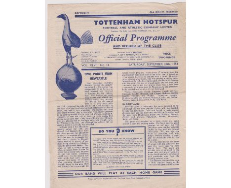 Programme &amp; ticket Tottenham Hotspur v Manchester United 26th September 1953. Programme with horizontal fold and ticket w