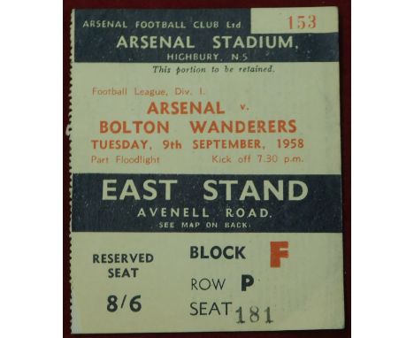 Ticket&nbsp;Arsenal v Bolton Wanderers 9th September 1958. Generally good&nbsp;
