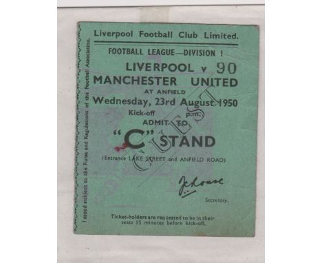 Ticket Liverpool v Manchester United 23rd August 1950.  Good