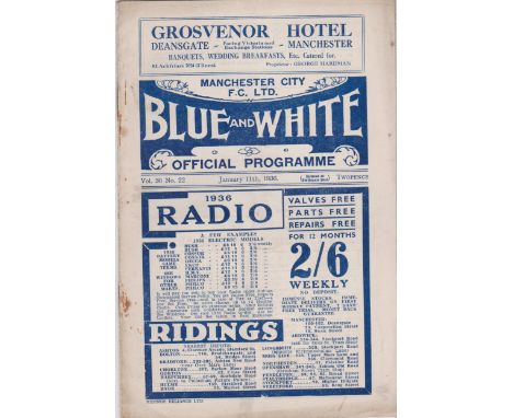 Programme Manchester City v Portsmouth FA Cup 3rd Round January 11th 1936. Pencilled team changes for Manchester City  with l