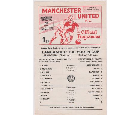 Single sheet programme Manchester United v Preston North End Lancashire FA Youth Cup Semi Final 1st Leg 3rd March 1975. Token