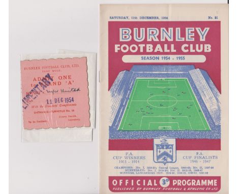 Programme and ticket for Burnley v Manchester United 11th December 1954. No writing. Very good