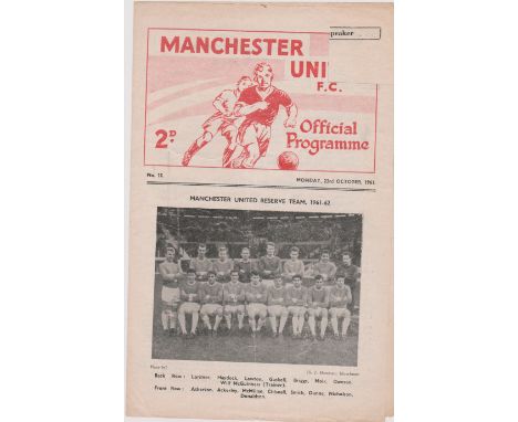 Programme Manchester United v Oldham Athletic (4 Page) Lancashire Senior Cup 1st Round 23rd October 1961. Lacks token. Light 