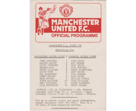 Single sheet programme Manchester United v Tranmere Rovers Lancashire FA Youth Cup Semi Final 14th February 1981. No writing.