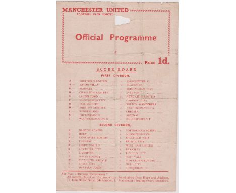 Single sheet programme Manchester United Reserves v Sheffield United Reserves 10th September 1955. Piece missing near the top