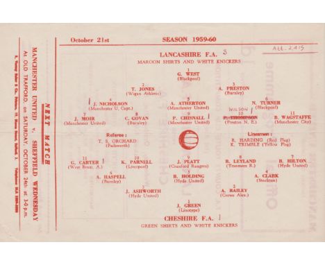 Single sheet programme for the FA County Youth Cup 1st Round match between Lancashire FA and Cheshire FA at Old Trafford the 