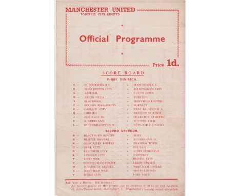 Single sheet programme Manchester United Reserves v Liverpool Reserves 31st March 1956. Very light horizontal fold with no wr