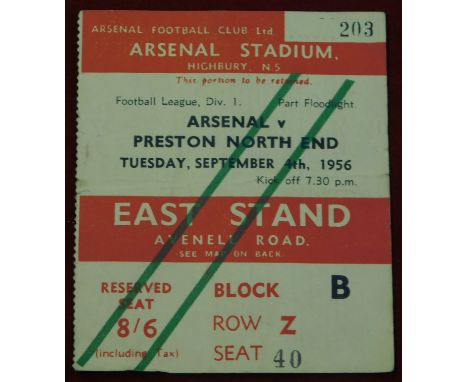Ticket&nbsp;Arsenal v Preston North End 4th September 1956. Light horizontal fold. Generally good