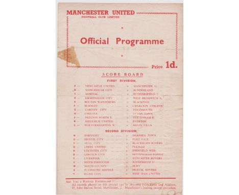 Single sheet programme Manchester United Reserves v West Bromwich Albion Reserves 2nd April 1956. Small tear at light horizon