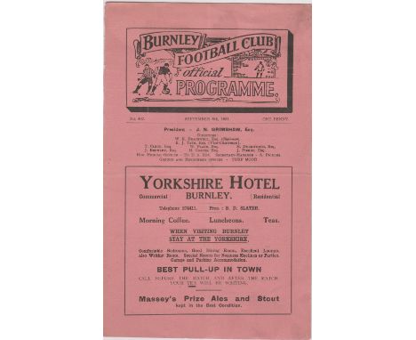 Programme Burnley v Stoke City 5th September 1931. 4 Page card.  Light horizontal fold. No writing. Good