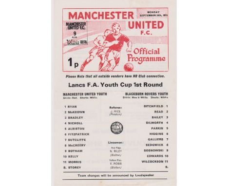 Single sheet programme Manchester United v Blackburn Rovers Lancashire FA Youth Cup 1st Round 30th September 1974. Token inta