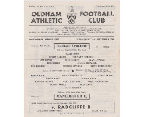 Single sheet programme Oldham Athletic v Manchester United Lancashire Senior Cup 1st  Round 21st September 1966. Very light h