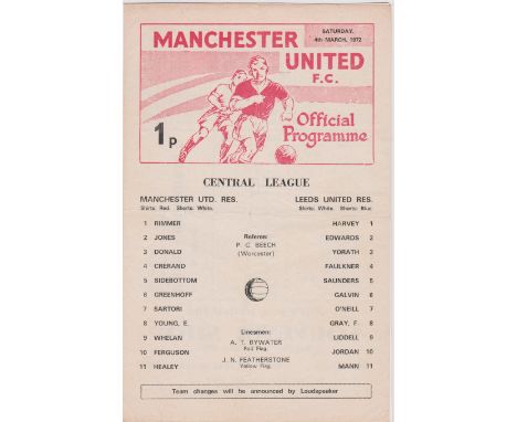 Programme single sheet Manchester United Reserves v Leeds United Reserves 1971/72. Very light folds. No writing. Very difficu