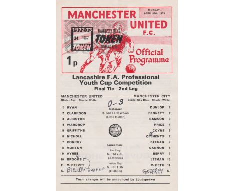 Single sheet programme Manchester United v Manchester City Lancashire FA Youth Cup Final 2nd Leg 30th April 1973. Token intac