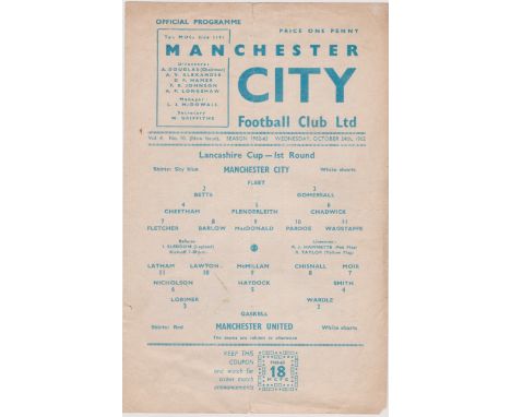 Single sheet programme Manchester City v Manchester United Lancashire Senior Cup 1st  Round 24th October 1962. With token. Li