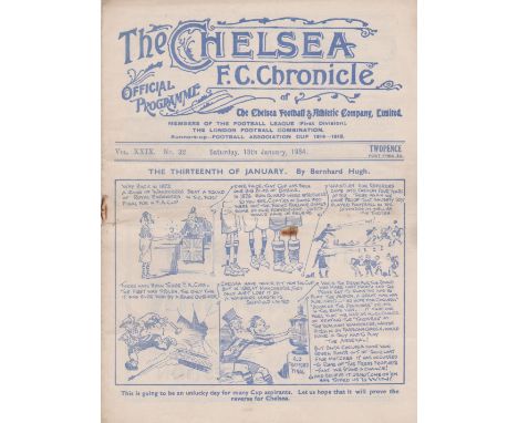 Programme Chelsea v West Bromwich Albion FA Cup 3rd Round 13th January 1934. NOT Ex bound Volume. Light staple rust. No writi