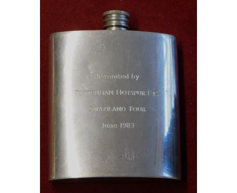 A pewter hip flask fully engraved presented by Tottenham Hotspur on their tour of Swaziland in June 1983. Good