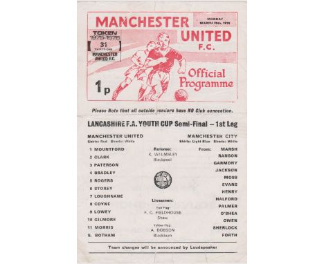 Single sheet programme Manchester United v Manchester City Lancashire FA Youth Cup Semi Final 1st Leg 29th March 1976. Token 