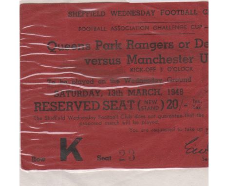 Ticket for the Manchester United v Derby County FA Cup Semi Final 13th March 1948 at Hillsborough.  Generally good.