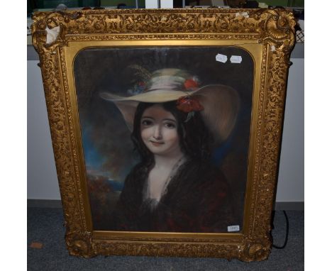 Alfred Taylor (19th century) A head and shoulders portrait of a young lady wearing a red shawl and a wide brimmed hat trimmed