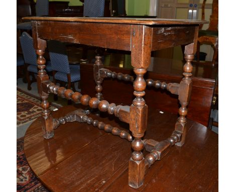 Late 17th/early 18th century side table with bobbin turned stretchers, 81cm wide x 56.5cm deep x 72cm high CONDITION REPORT: 