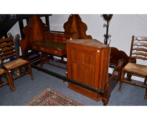 Furniture comprising: two single bed frames, oil lamp on stand, corner cupboard, 81cm wide x 43.5cm deep x 90.5cm high; writi