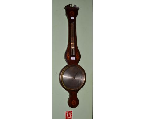 A mahogany shell inlaid wheel barometer, signed Lione Somalvico & Co, 125 Holbn Hill, circa 1820, broken arched pediment, the