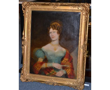Follower of Sir William Beechey (19th century) A head and shoulders portrait of an elegant lady wearing a blue dress and red 