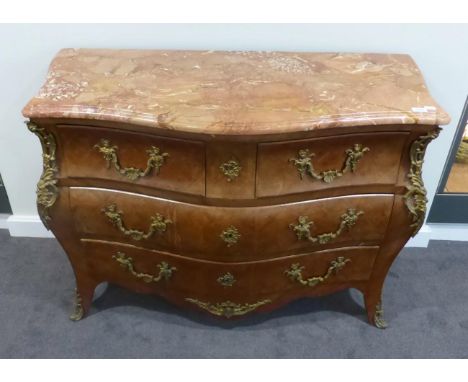 A Louis XV style kingwood, parquetry and gilt metal mounted bomb‚ commode, early 20th century, the brocatelle violette marble