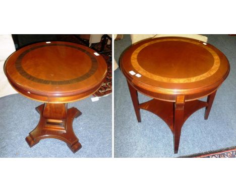 A Charles Barr Grandeur reproduction mahogany and crossbanded circular occasional table, diameter 70cm, height 69cm; and a si