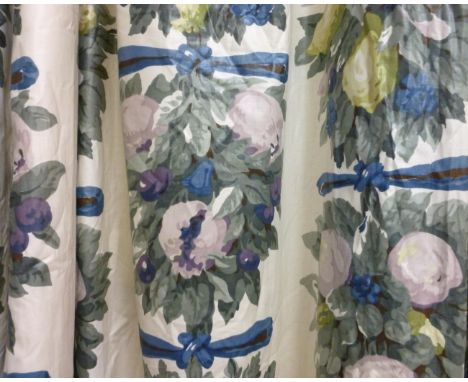 A large pair of floral glazed cotton curtains and a matching smaller set with pelmets CONDITION REPORT: 