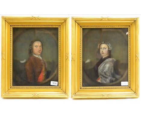 Follower of Arthur Devis (18th century) Portrait of a lady wearing a mop cap, half length in a feigned oval; Portrait of a ge