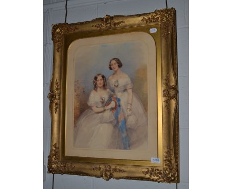 Fran‡ois Theodore Rochard (1798-1858) Double portrait of two elegant young women, signed, watercolour, 47cm by 34cm (with arc