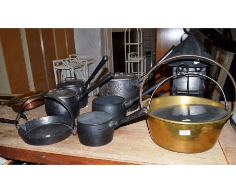 An Arts & Crafts lantern, a jam pan, five pans, two skillets and three warming pans CONDITION REPORT: 