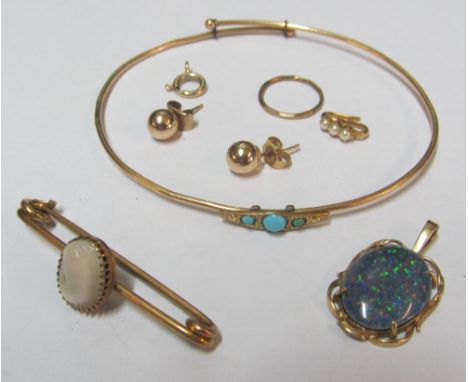 An opal pendant, bangle bracelet set turquoise, pair earrings and a bar brooch