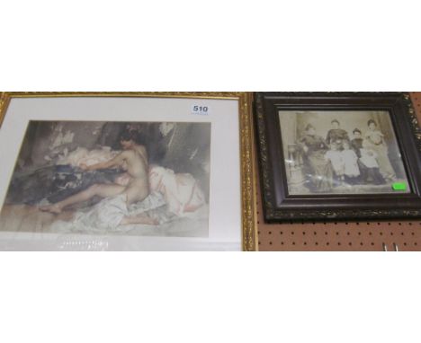 A Russell Flint print nude, Garman Morris print 'Evening' and a photo Victorian ladies