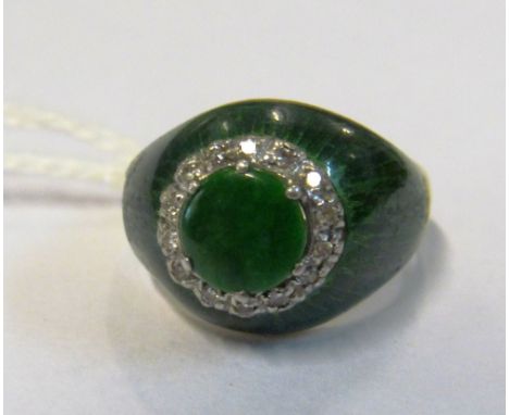 A green enamel ring with jade central stone surrounded by diamonds marked 18K Italy size H