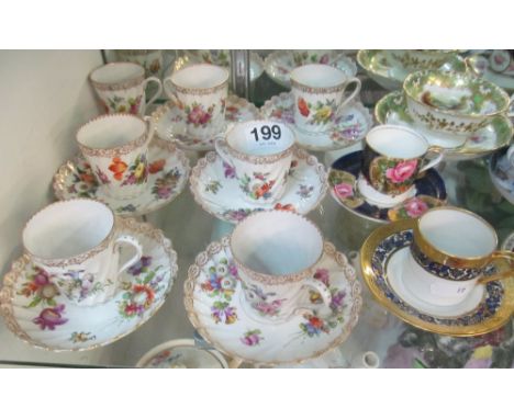 Six Dresden floral cups and saucers (one saucer a/f) and other cabinet cups and saucers and plates (slightly a/f)