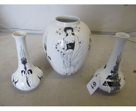 A Poole Pottery Aubrey Beardsley pair of small vases and a larger ginger jar