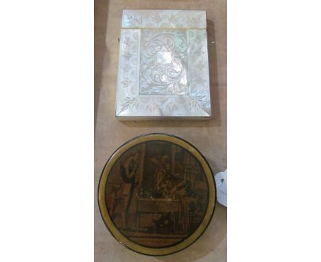 A Georgian papier mache snuff box inscribed underneath and a mother of pearl card case