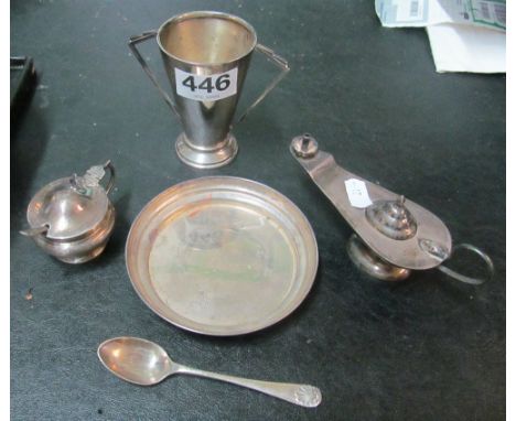 A small silver vase, silver mustard pot, aladdins lamp marked 925, silver dish and two spoons