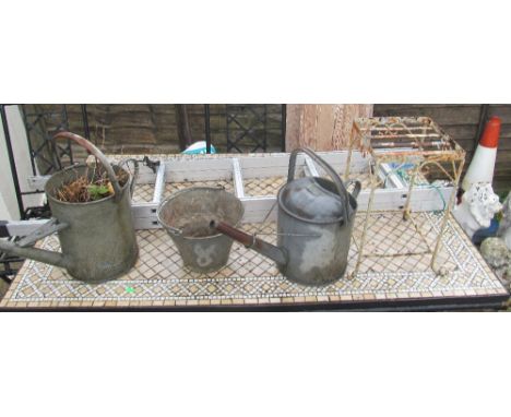 A galvanised watering can, bucket, plant stand and loft ladder