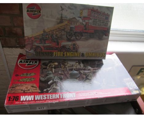An Airfix Dennis Fire Engine, World War One Western Front diarama base with just two sets of military