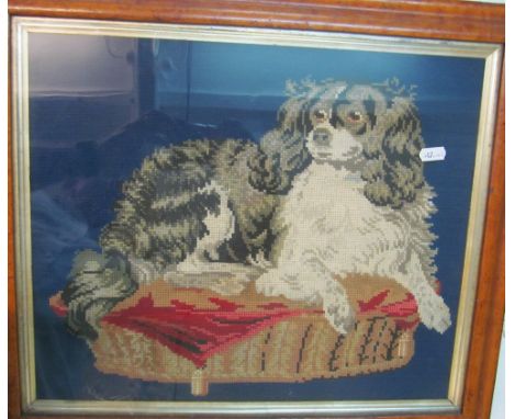Two needlework pictures and a maple frame print