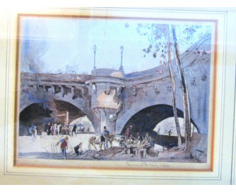Sir Frank Brangwyn coloured print two arches with market sellers, with note en verso