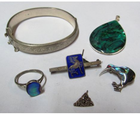 A mother of pearl kiwi brooch, silver filled bracelet and a small group of other jewellery
