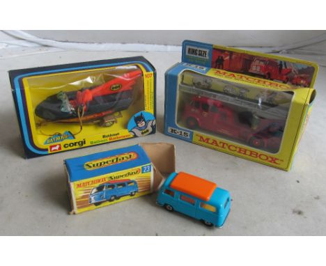 Two Matchbox Toy Fire Engine and Camper and Corgi Batboat