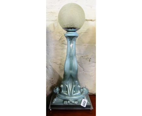 A plaster lamp two nude ladies back to back doing shoulder bridge