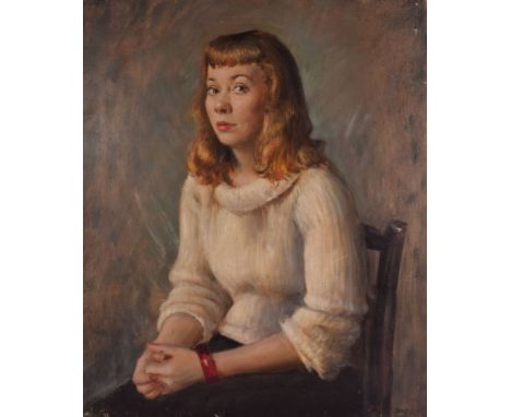 Bernard Hailstone RP (1910-1987), portrait study oil on canvas, Portrait of a Young Lady in White Jumper, 76cm by 64cm, signe
